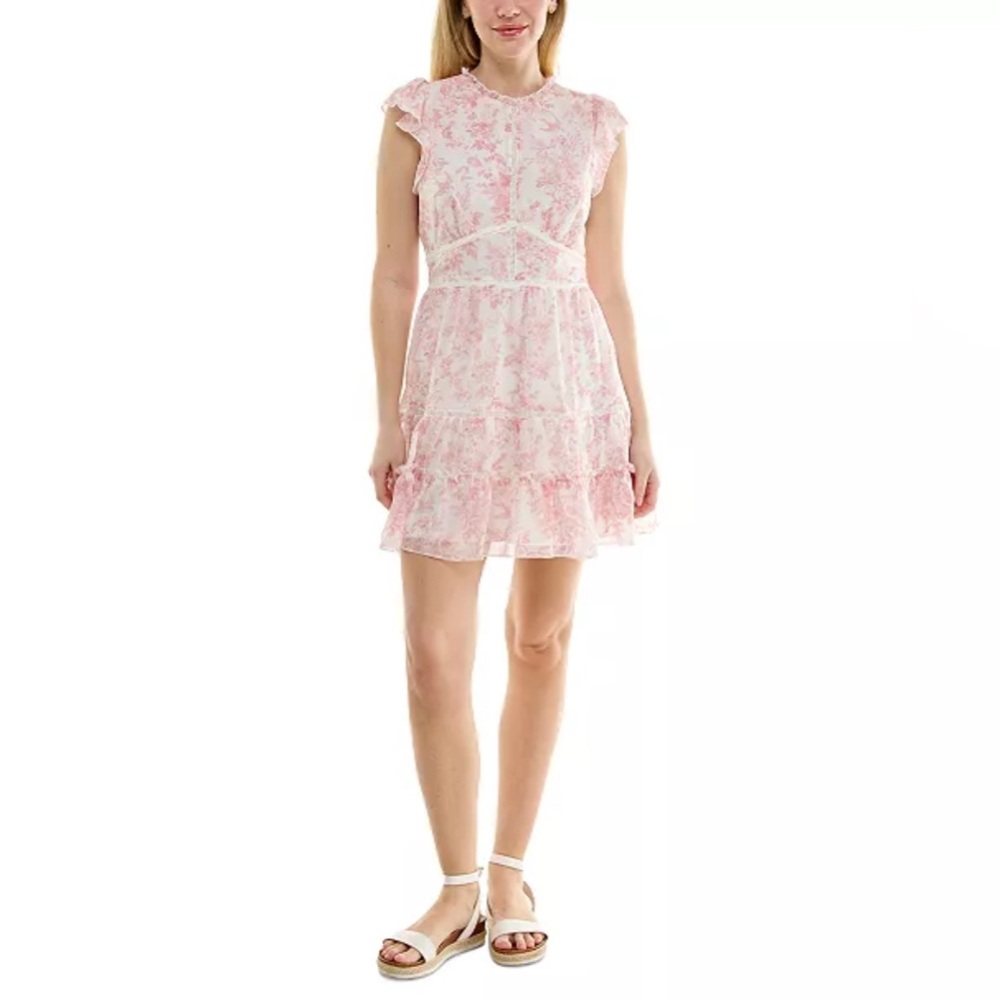 Trixxi Juniors' Flutter-Sleeve Tiered Mini White/Pink Floral Dress - Picture 2 of 8
